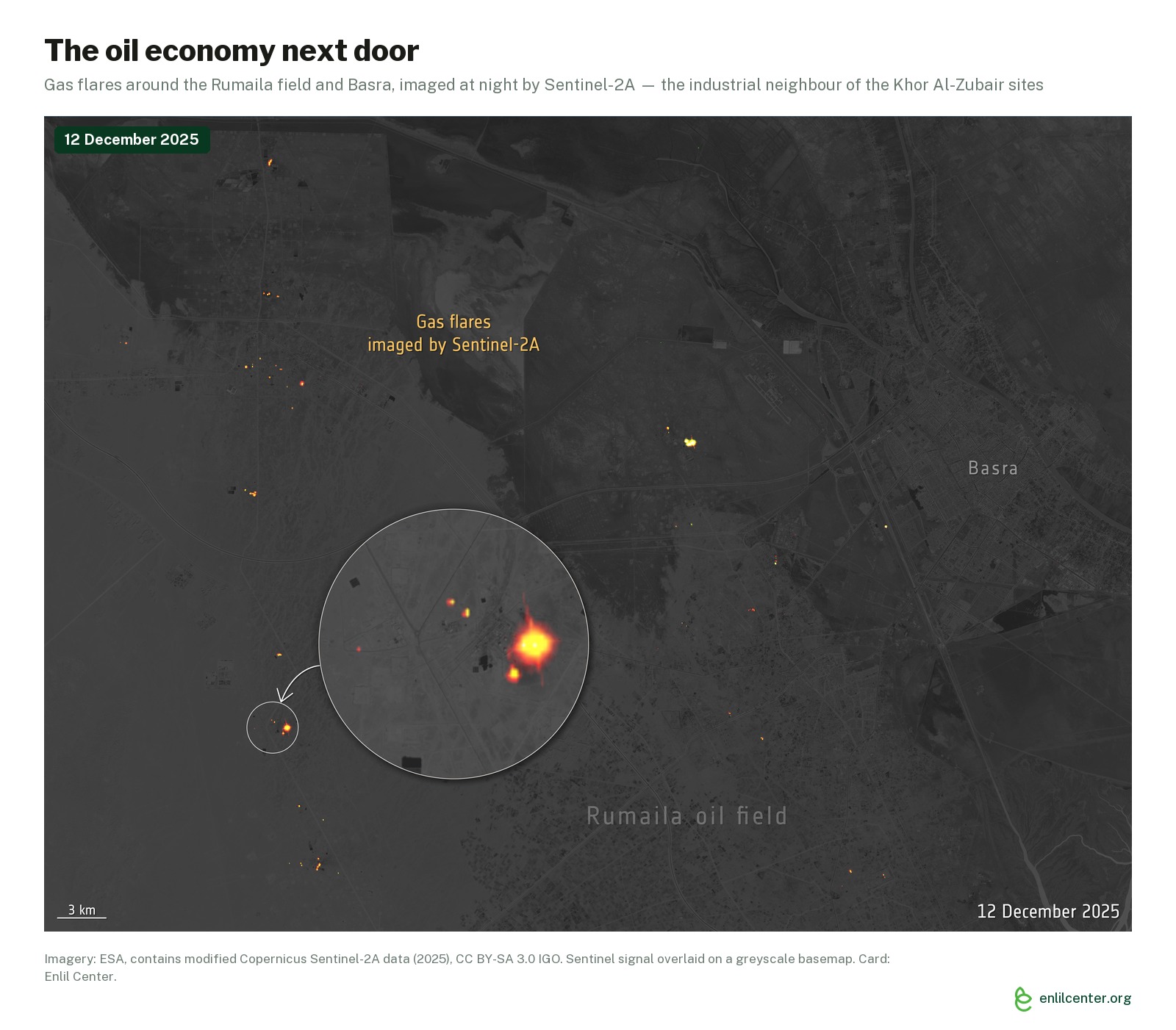 Night-time Sentinel-2A satellite image showing gas flares around the Rumaila oil field and the city of Basra, 12 December 2025