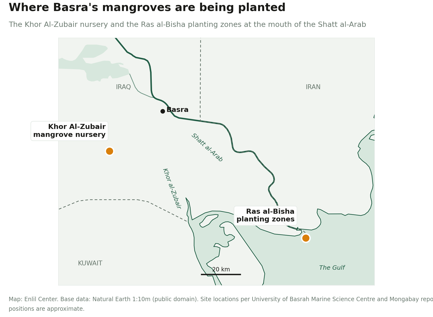 Map of the Basra coast showing the Khor Al-Zubair mangrove nursery and the Ras al-Bisha planting zones at the mouth of the Shatt al-Arab